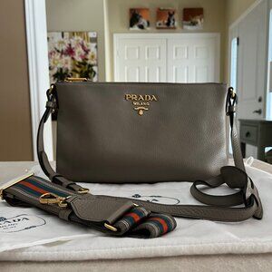 Prada Vitello Daino Soft Crossbody Bag in Taupe/Grey - Authentic